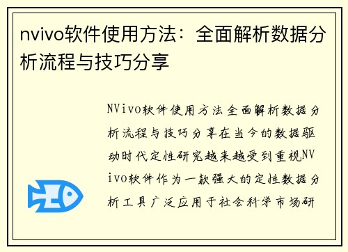 nvivo软件使用方法：全面解析数据分析流程与技巧分享